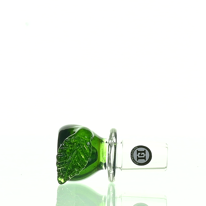 Close-up of Joe Madigan 18mm Round Bowl Leaf Design Teal and Slyme Green