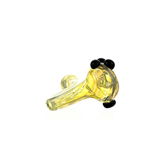 Side view of Joe Madigan Sherlock Blue Dots Gold Fumed Handpipe - Handcrafted Glass