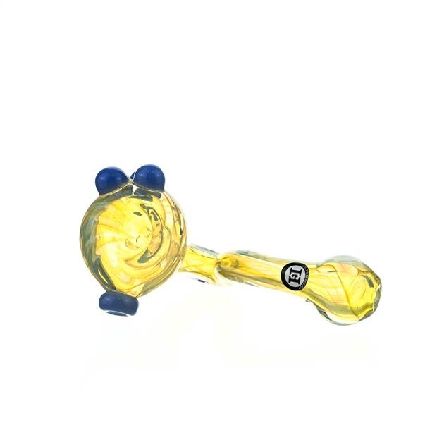 Joe Madigan Sherlock Purple Dots Gold Fumed Handpipe close-up artistic glasswork