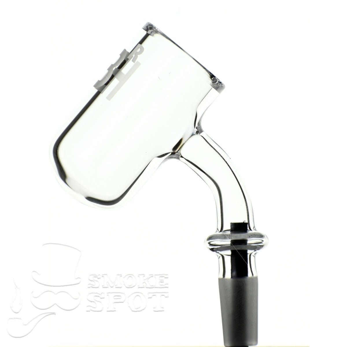 Side view of Joel Halen 10 mm 45 degree quartz banger with round bottom bucket