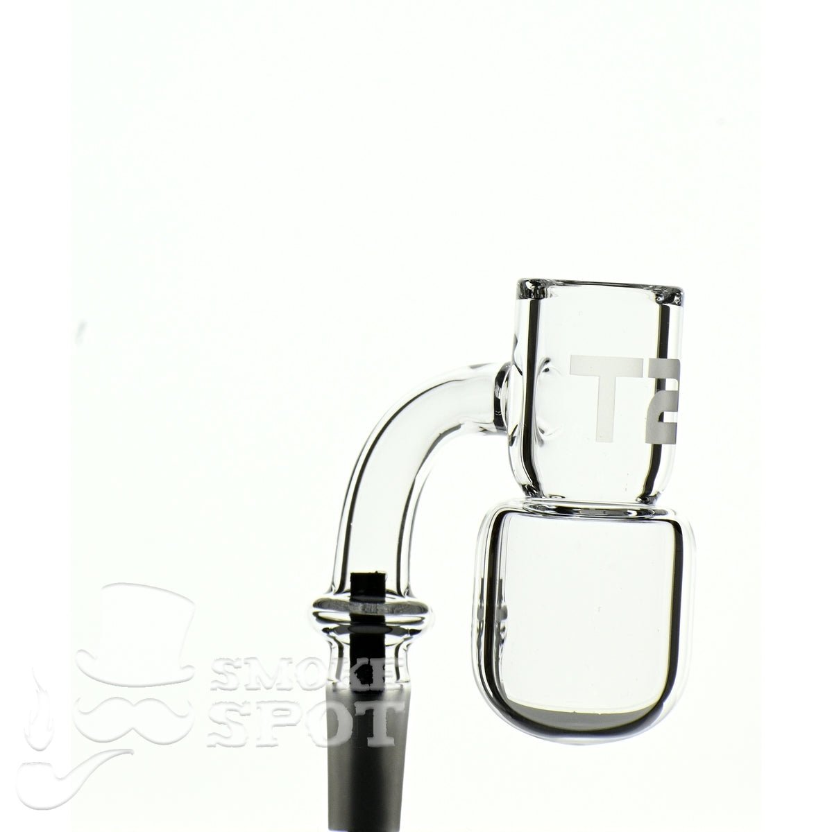 Side view of Joel Halen 90 Deg 10 mm T2 Quartz Banger - Smoke Spot Glass