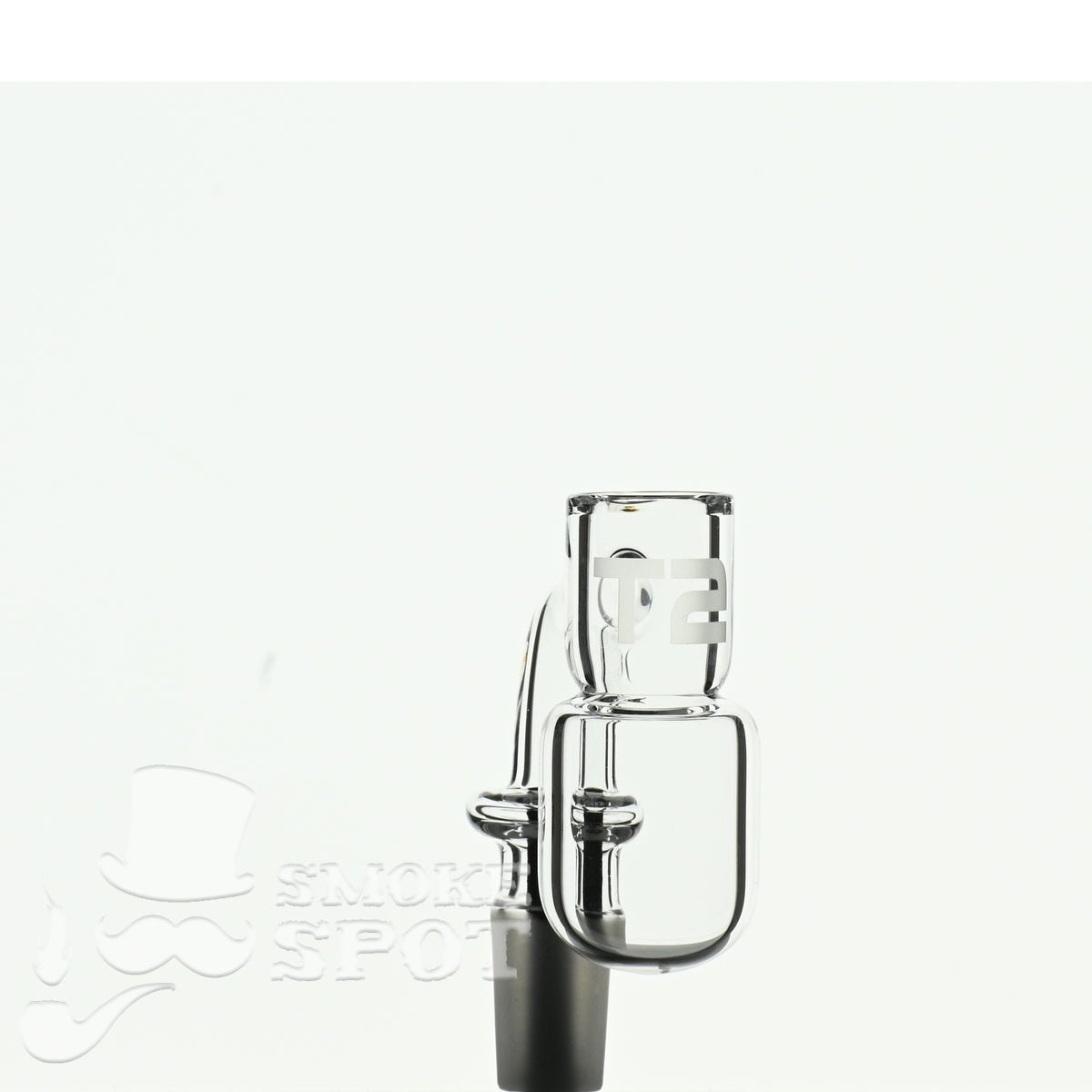 Side view of Joel Halen 90 Deg 14 mm T2 Quartz Banger - Smoke Spot Glass