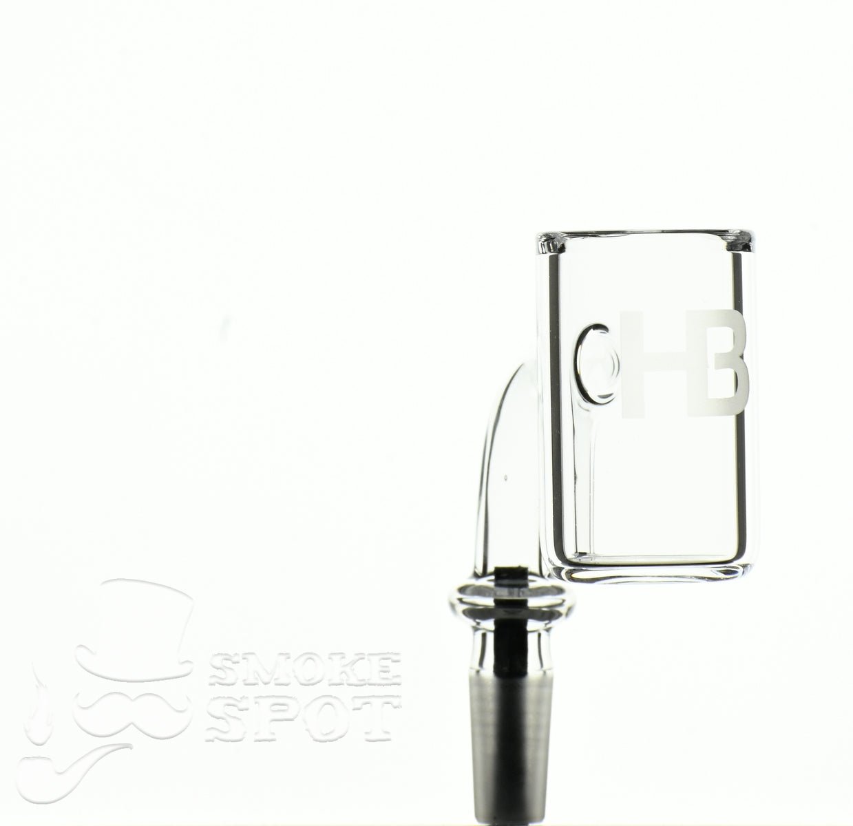 Side view of Joel Halen 90 degree 10 mm quartz banger with 25 mm flat bottom bucket - Smoke Spot