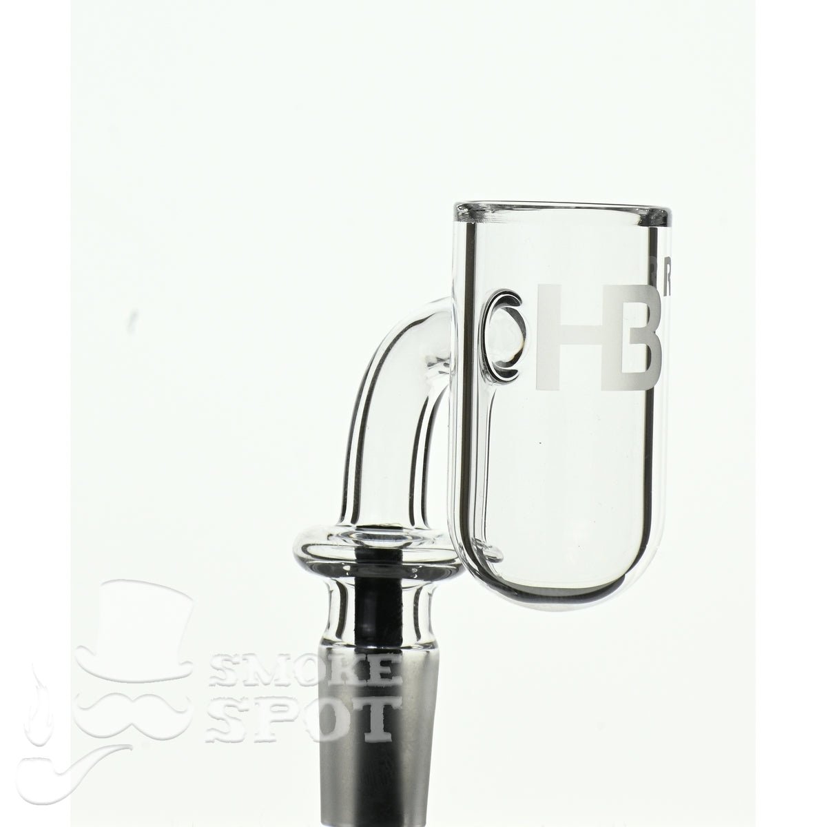 Side view of Joel Halen 90 degree 14 mm quartz banger with 25 mm round bottom bucket