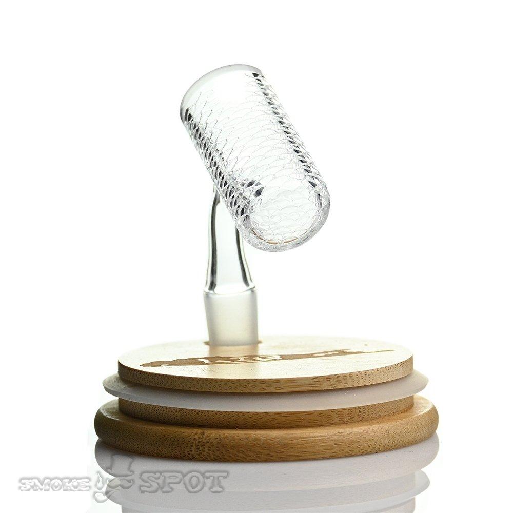 Close-up of engraved design on Long Island 14mm 45 degree quartz banger