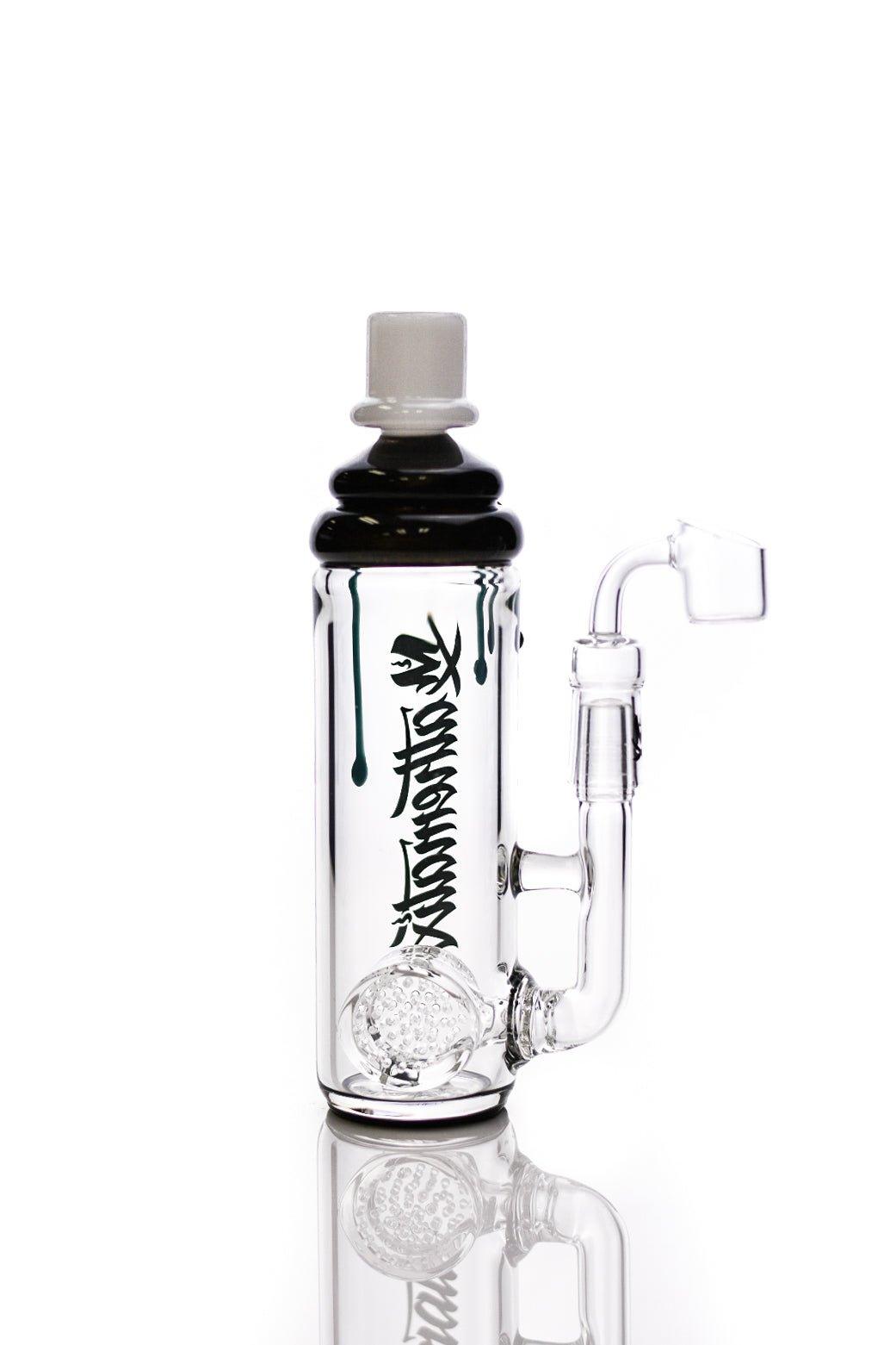 Close-up of Mathematics Direct Inject Spray Can Turkoise glass waterpipe details