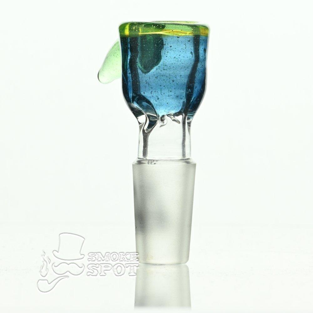 Close up of ice pinch hook on Mathematix tri colored teacup bowl - Smoke Spot Glass