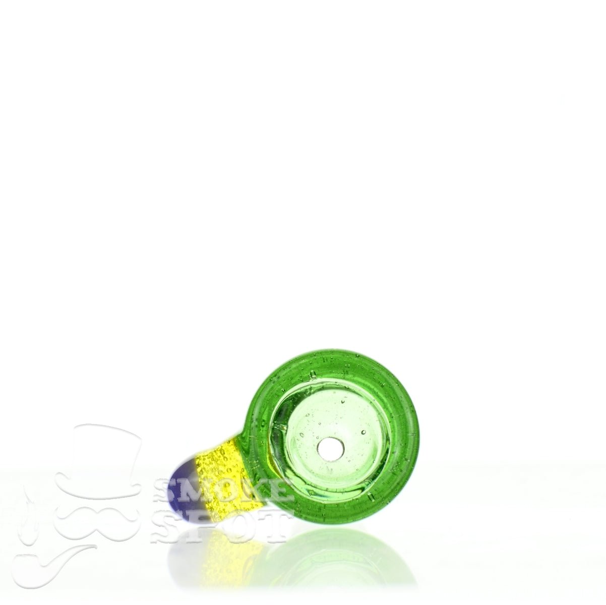 Close-up of Mathematix Thick Funnel Colored Handle 102 glass bowl - Smoke Spot Glass