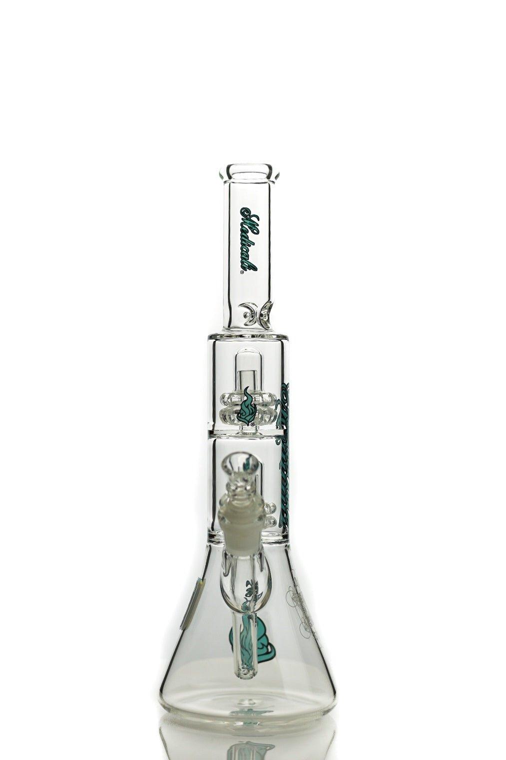 Medicali 13" Double Showerhead Beaker Teal Blue Script - Smoke Spot Smoke Shop