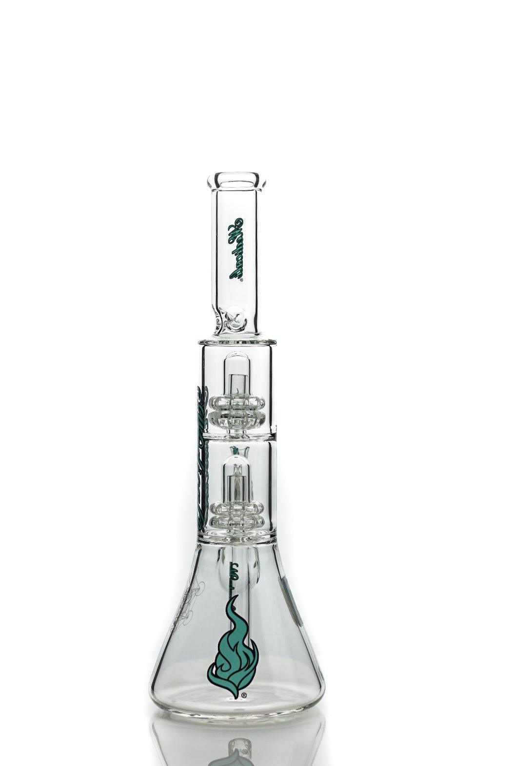 Close-up of teal blue script design on Medicali 13 inch Double Showerhead Beaker