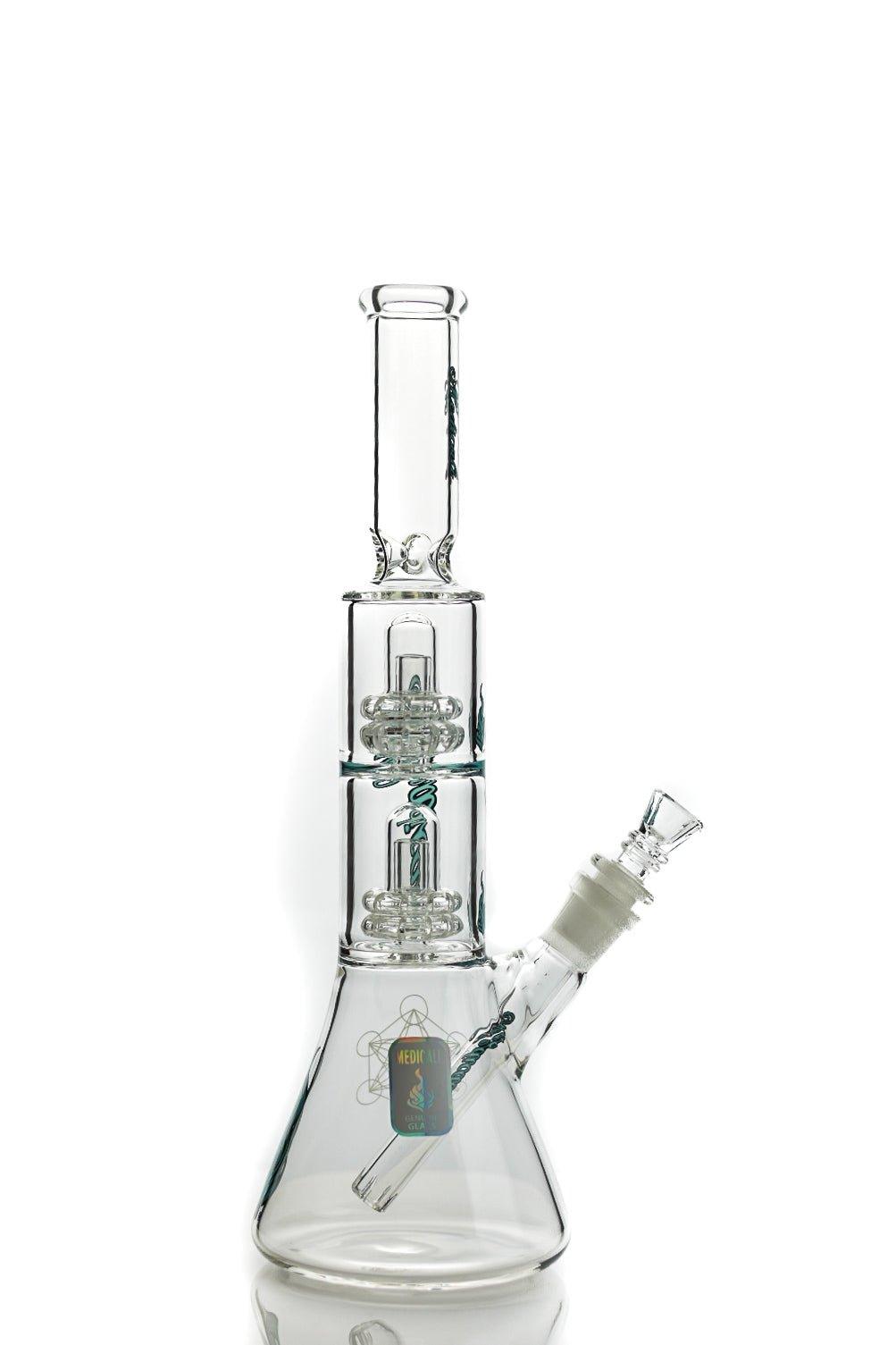 Medicali 13 inch Double Showerhead Beaker Teal Blue Script full view - Smoke Spot