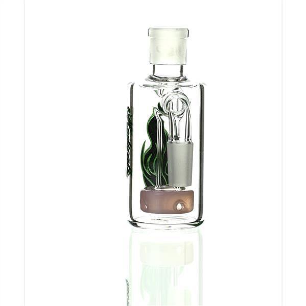 Close up of Medicali Ash Catcher Green Black On Pink 90 Degree 14 mm joint