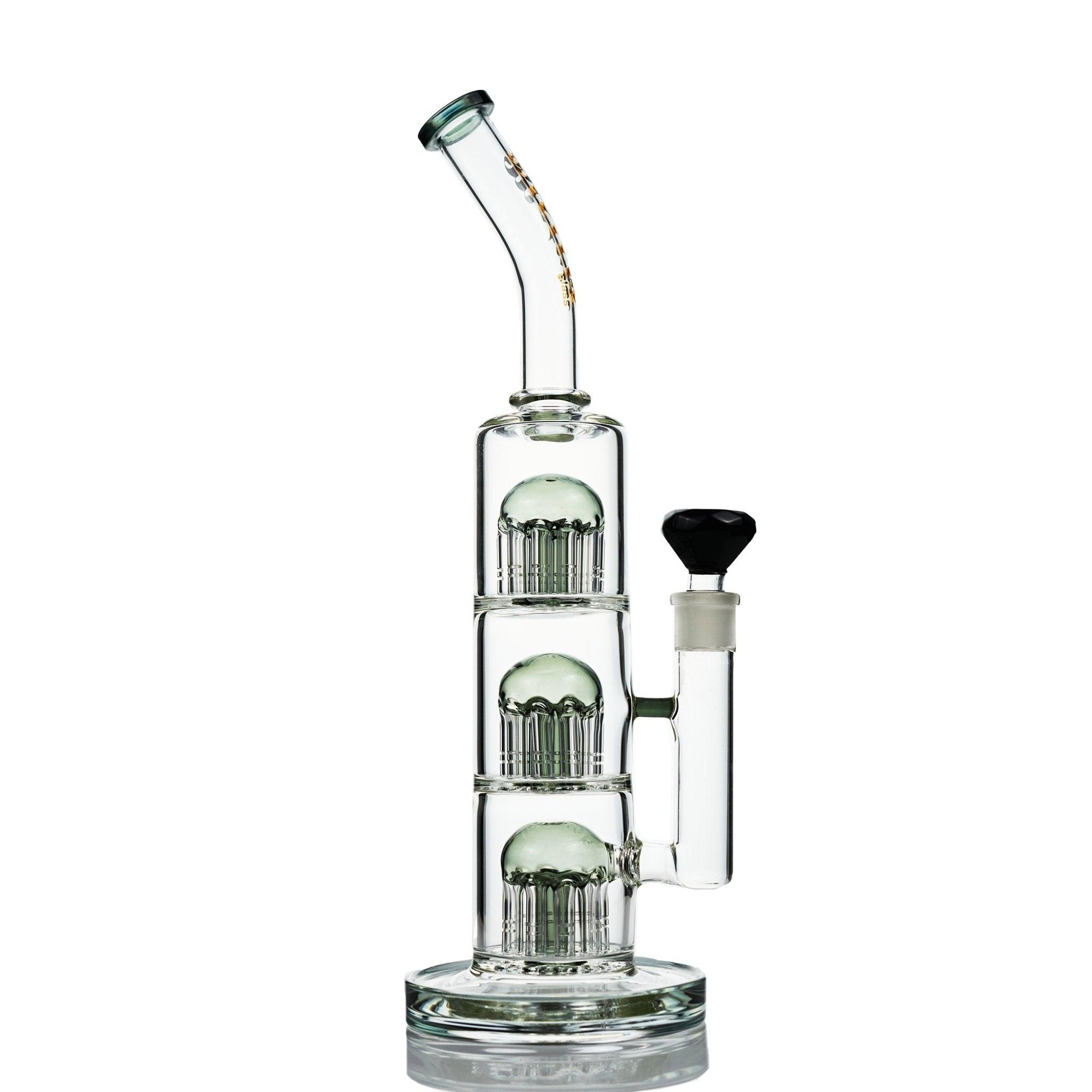 Close-up of 3 percolators on Metrix Glass black waterpipe