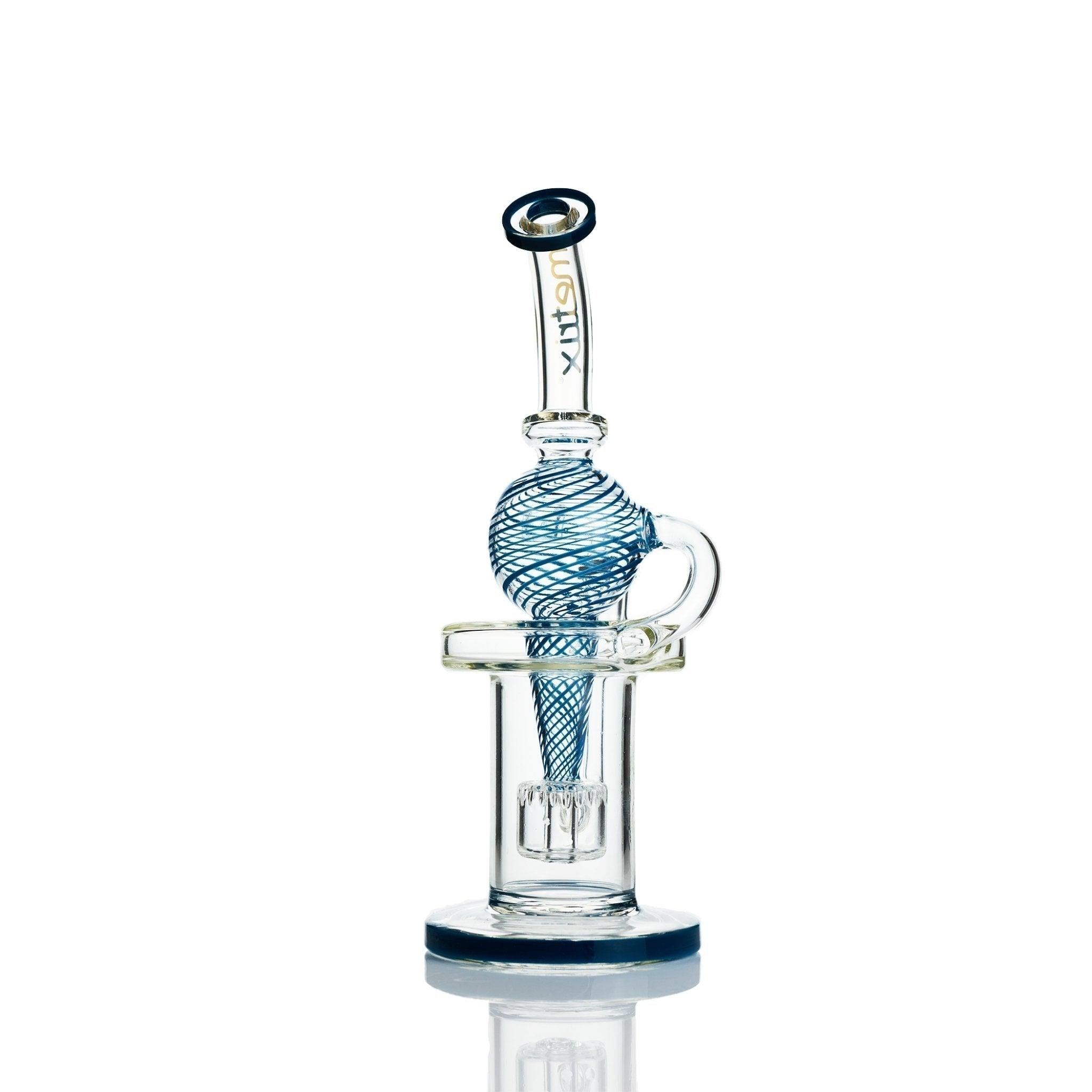 Close-up of Metrix Glass Blue swirl rig recycler - nectar collector dab rig