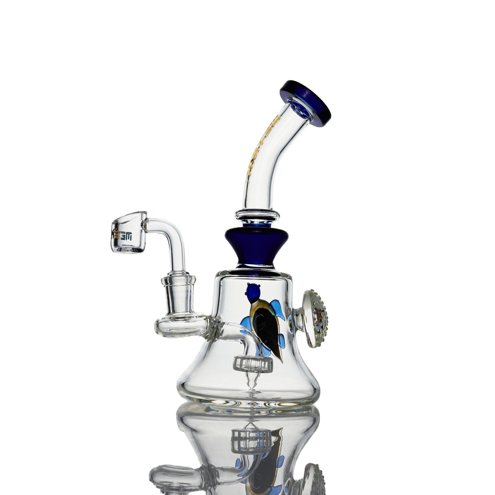 Close-up of flat disc percolator on Metrix Glass Rig blue turtle design