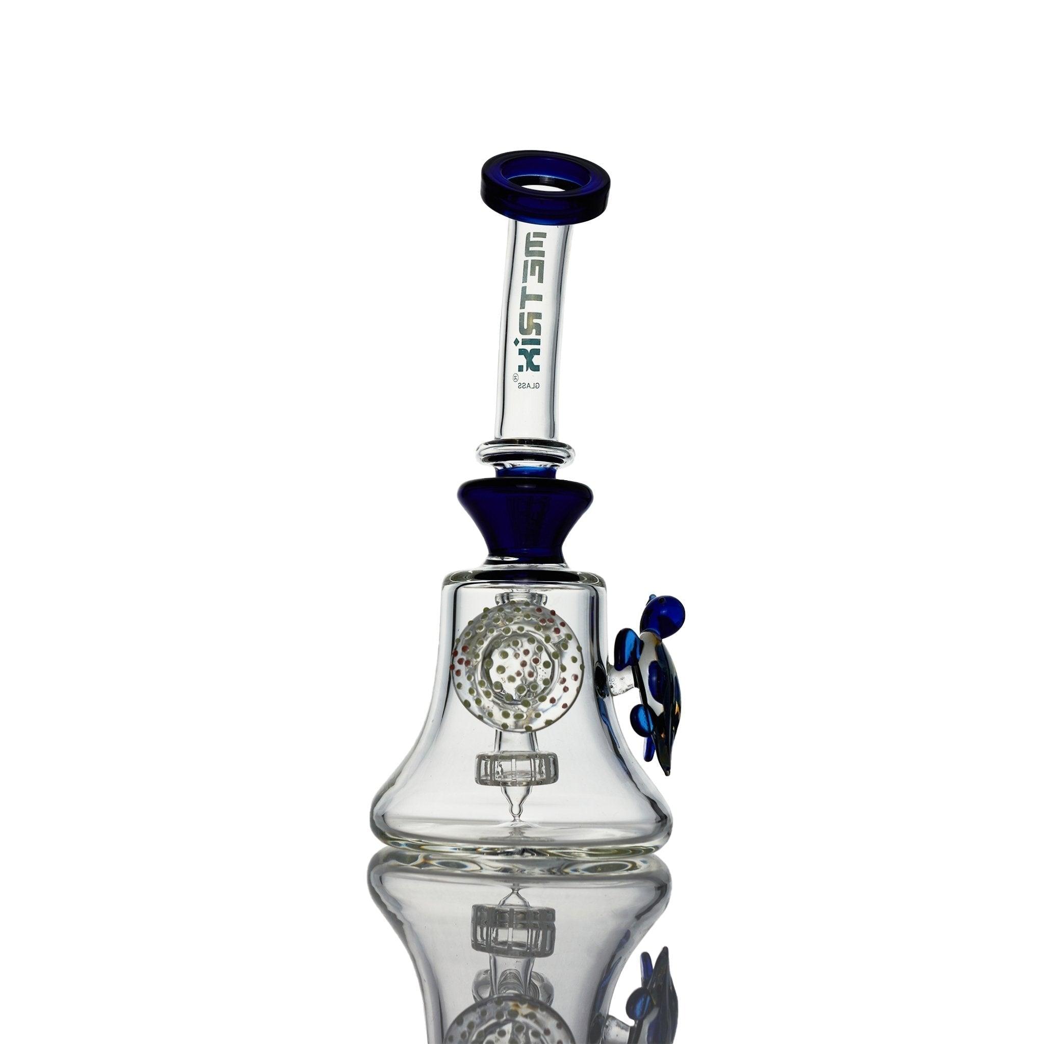 Top view of Metrix Glass Rig with flat disc percolator blue turtle