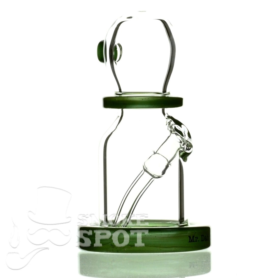 Close-up of Mr Dabbinport 5 inch 10mm silver green glass rig joint - Smoke Spot