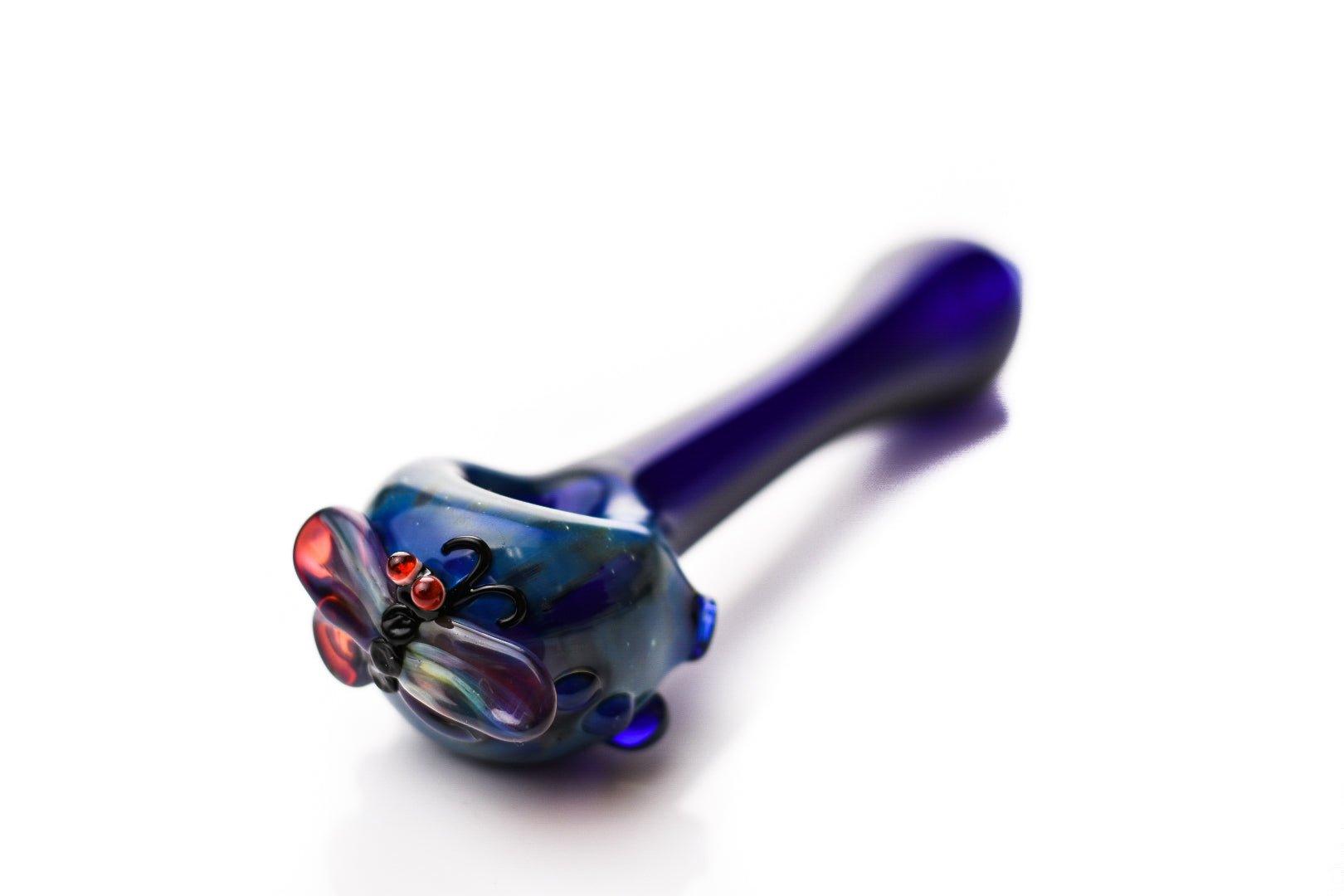 Close-up of NRVision Dark Blue Galaxy Butterfly Handpipe glass design