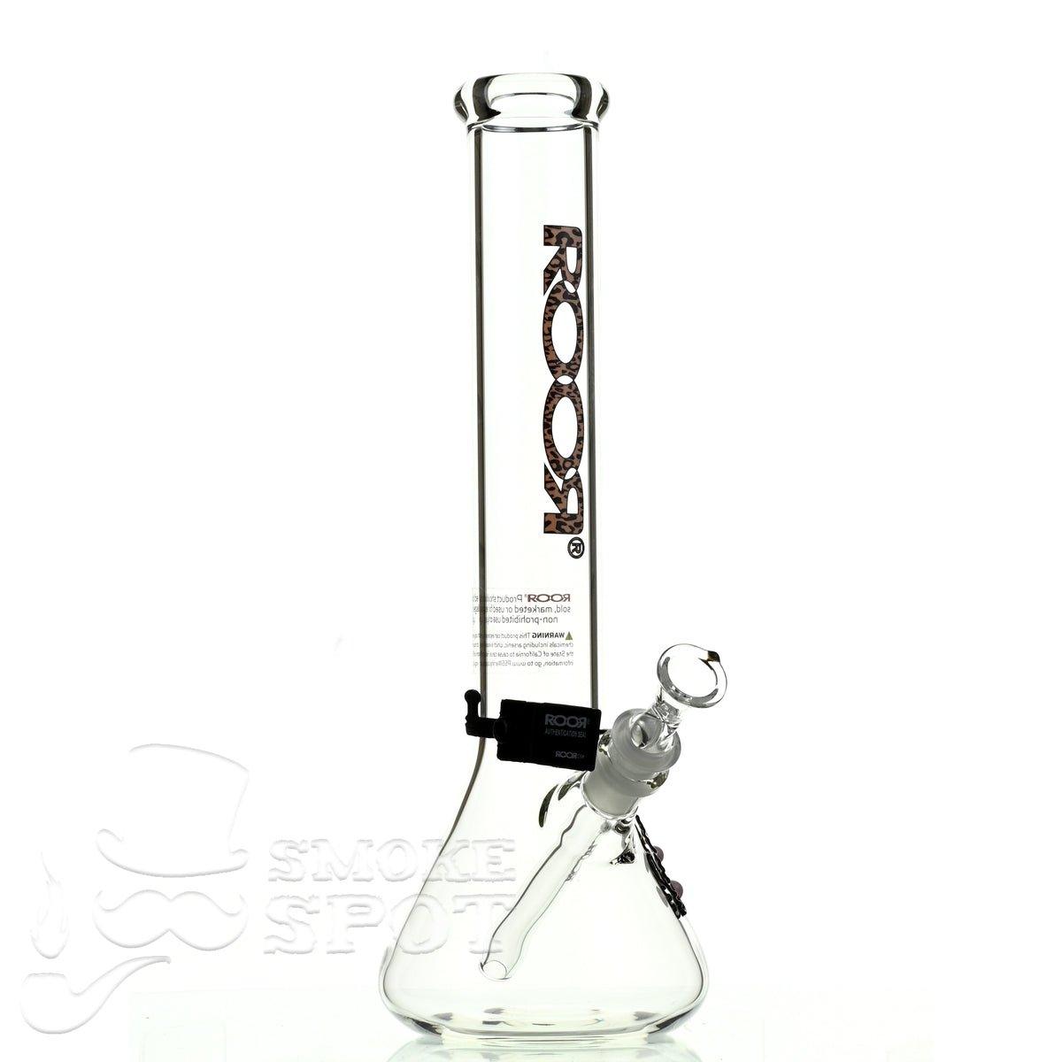 Close-up of Roor Beaker 14 inch P-D Cheetah glass bong tube and bowl