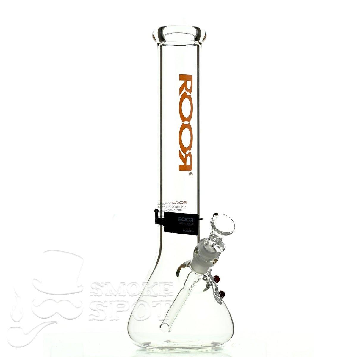 Close-up of ROOR Beaker 14 inch P-D Orange scientific glass waterpipe - Smoke Spot Glass