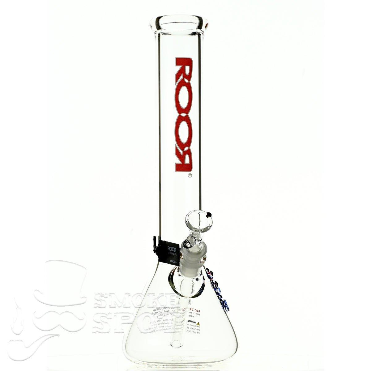 Side view of Roor Beaker 14 inch P-D red/white glass bong