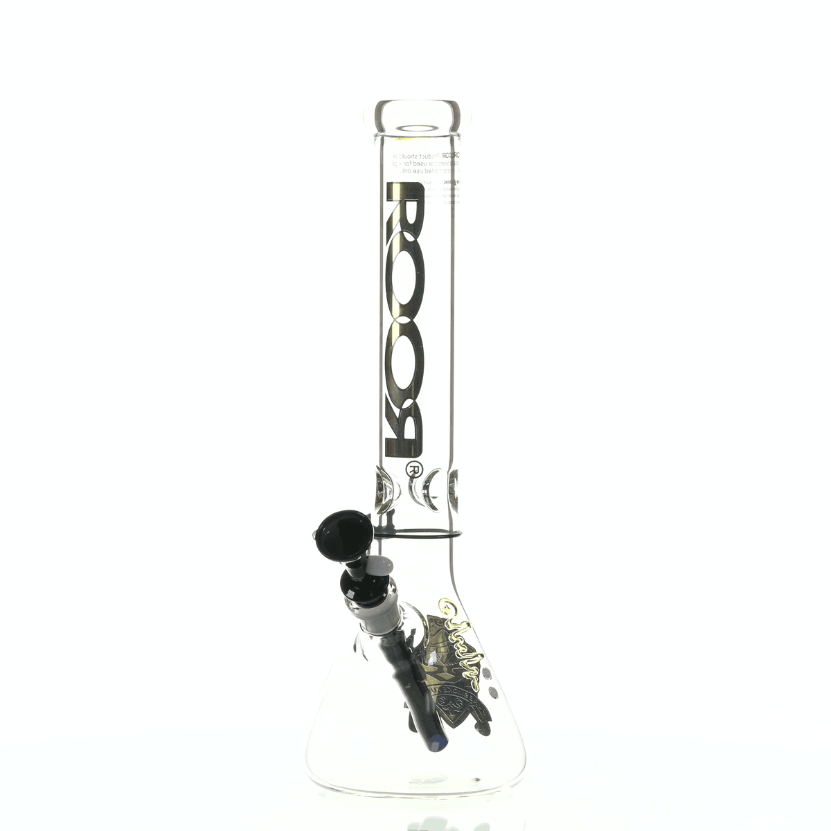 Side view of ROOR Intro Collector 14 inch Beaker 455 Gold Black waterpipe
