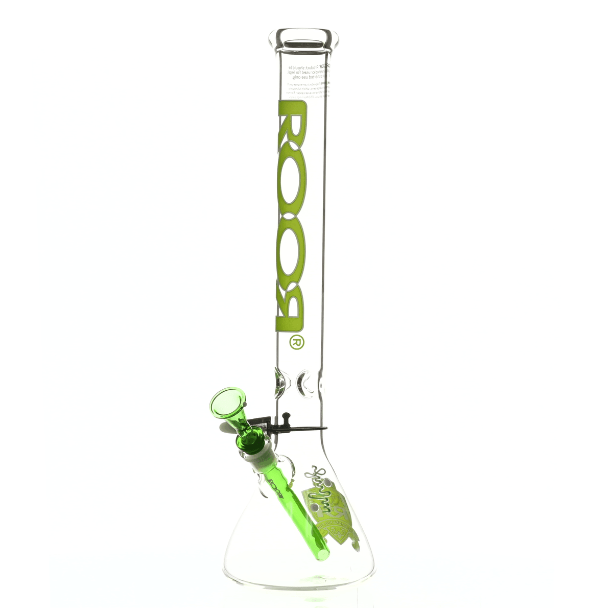 Close-up of ROOR Intro Collector 18 inch Beaker 455 Green/White joint and downstem