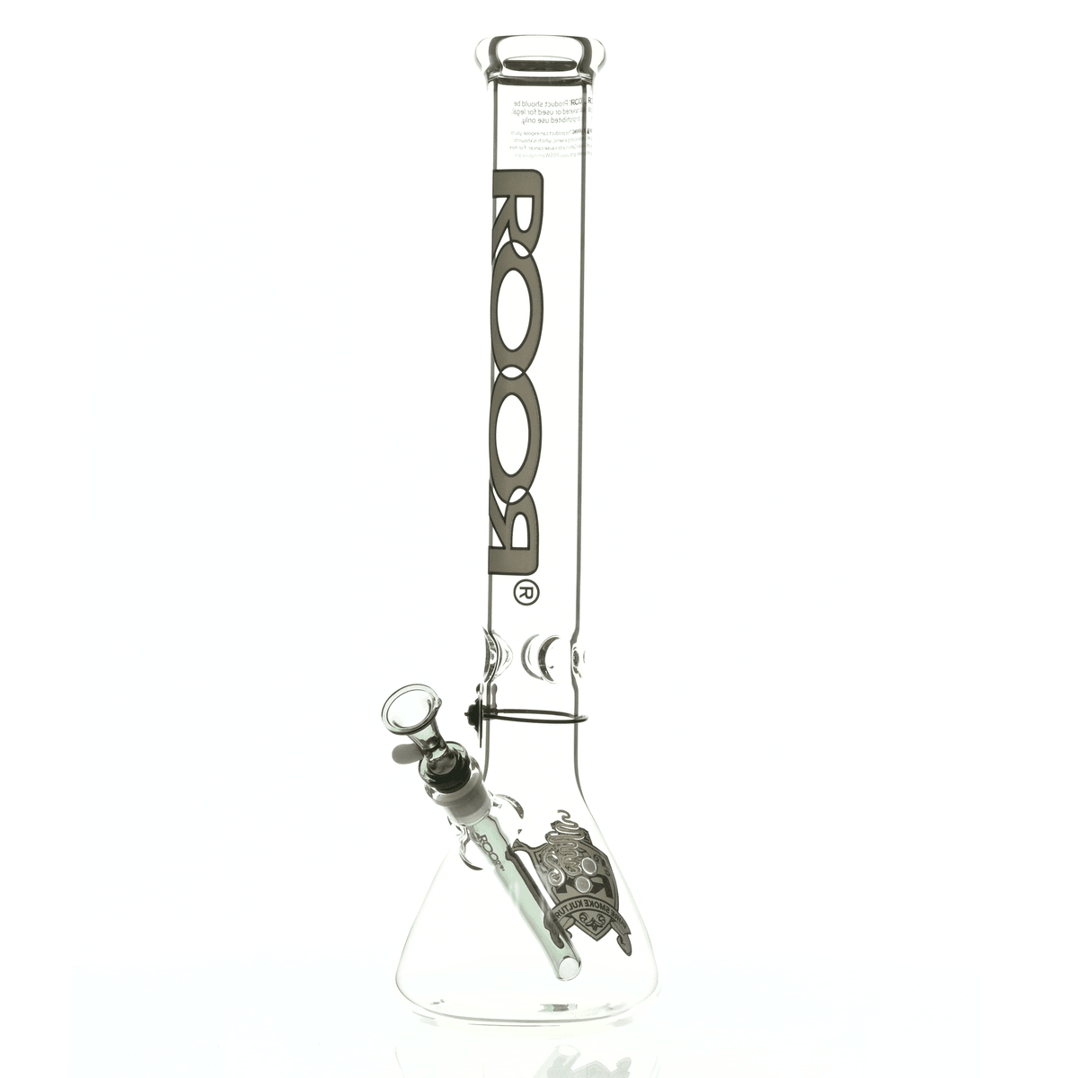 Close-up of ROOR Intro Collector 18 inch Beaker 505 Grey Black glass joint and downstem