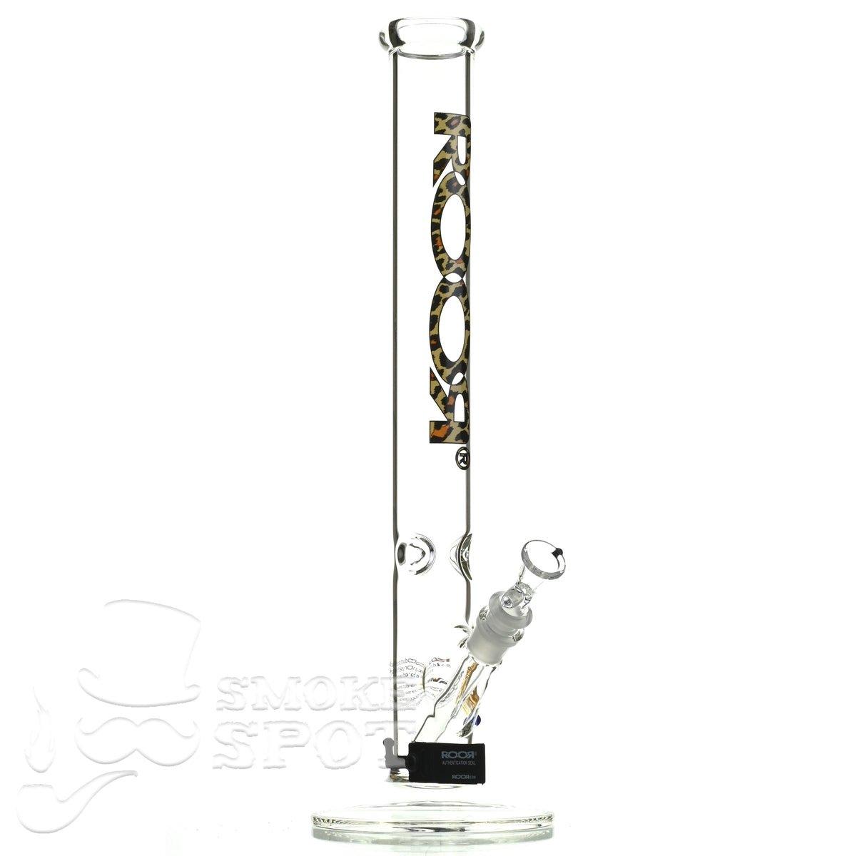 Close-up of Roor Straight Tube 18 inch leopard glass waterpipe bowl - Smoke Spot