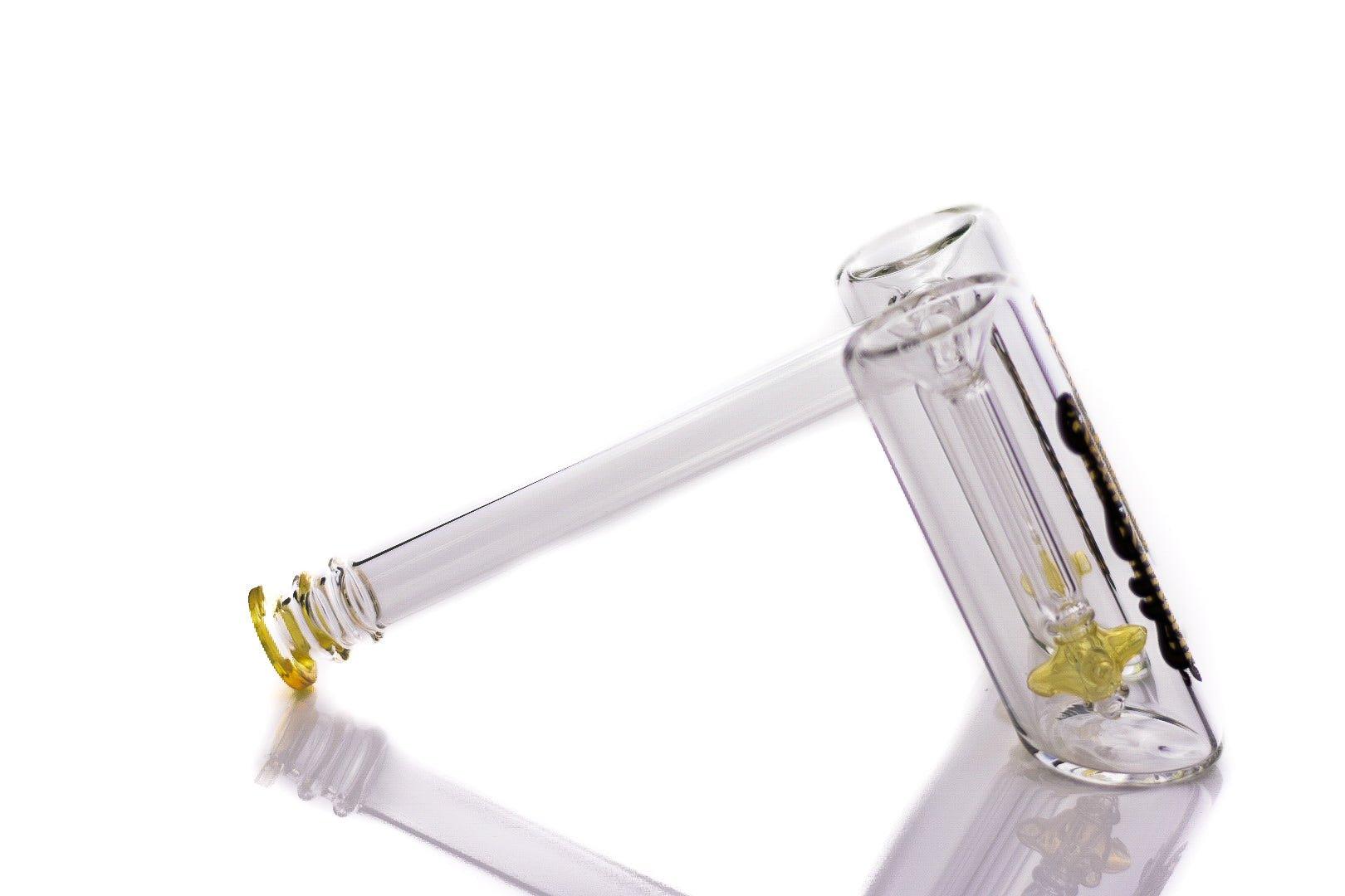 Side view of Sesh Supply Minotaur Double Bowls Bubbler showing spinning fans - Smoke Spot Glass