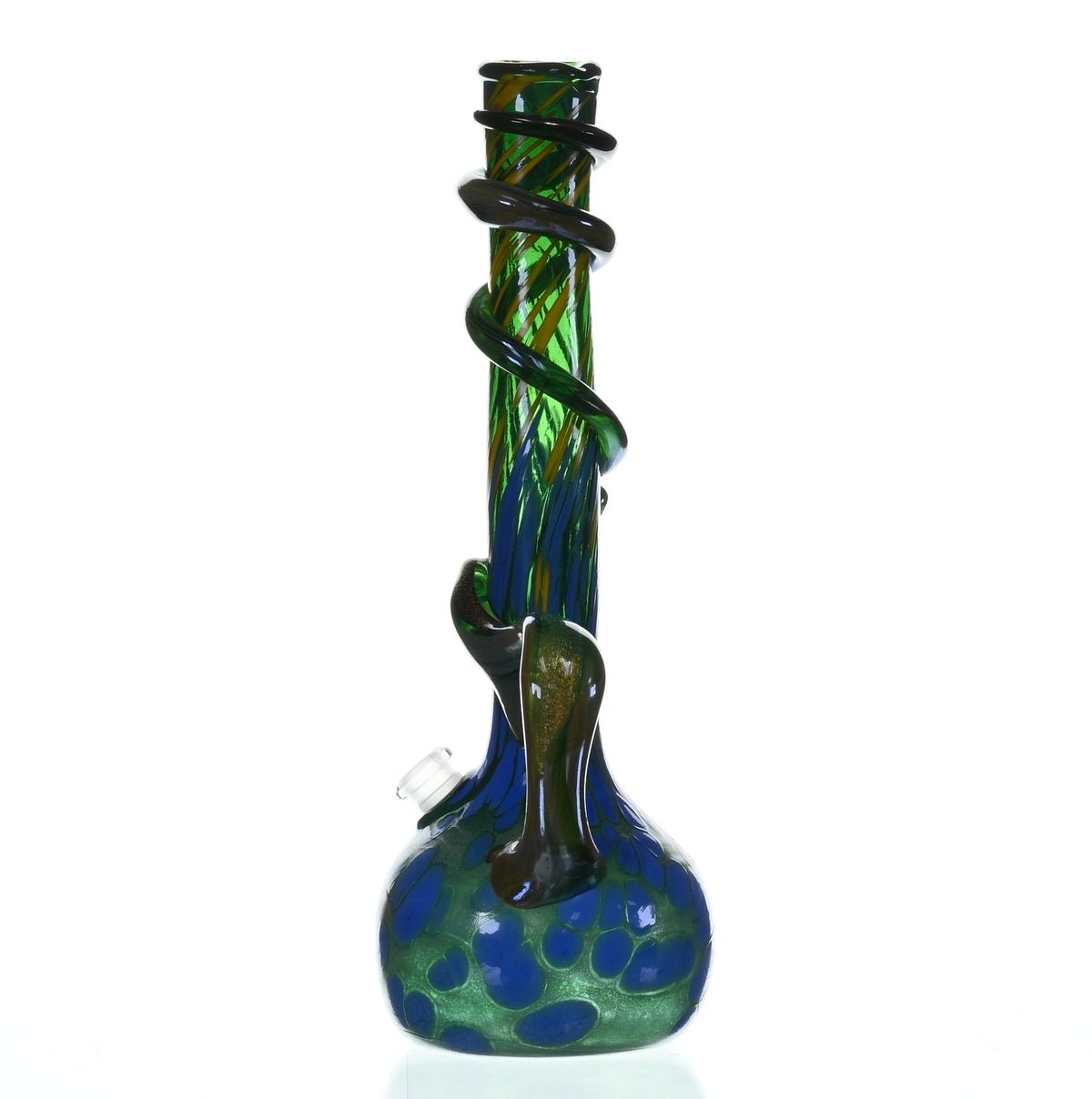 Close-up of SPECIAL K GLASS Soft Glass XL Cookie Handle #207 joint and downstem - Smoke Spot Glass