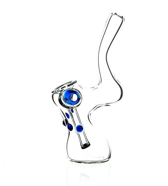 Side view of Taylor Twompsacks Bubbler Blue glass waterpipe - Smoke Spot Glass