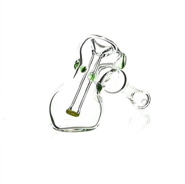 Side view of Taylor Twompsacks Hammer Green Yellow glass waterpipe