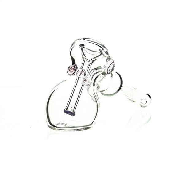 Side view of Taylor Twompsacks Hammer Pink Purple glass waterpipe with vibrant colors