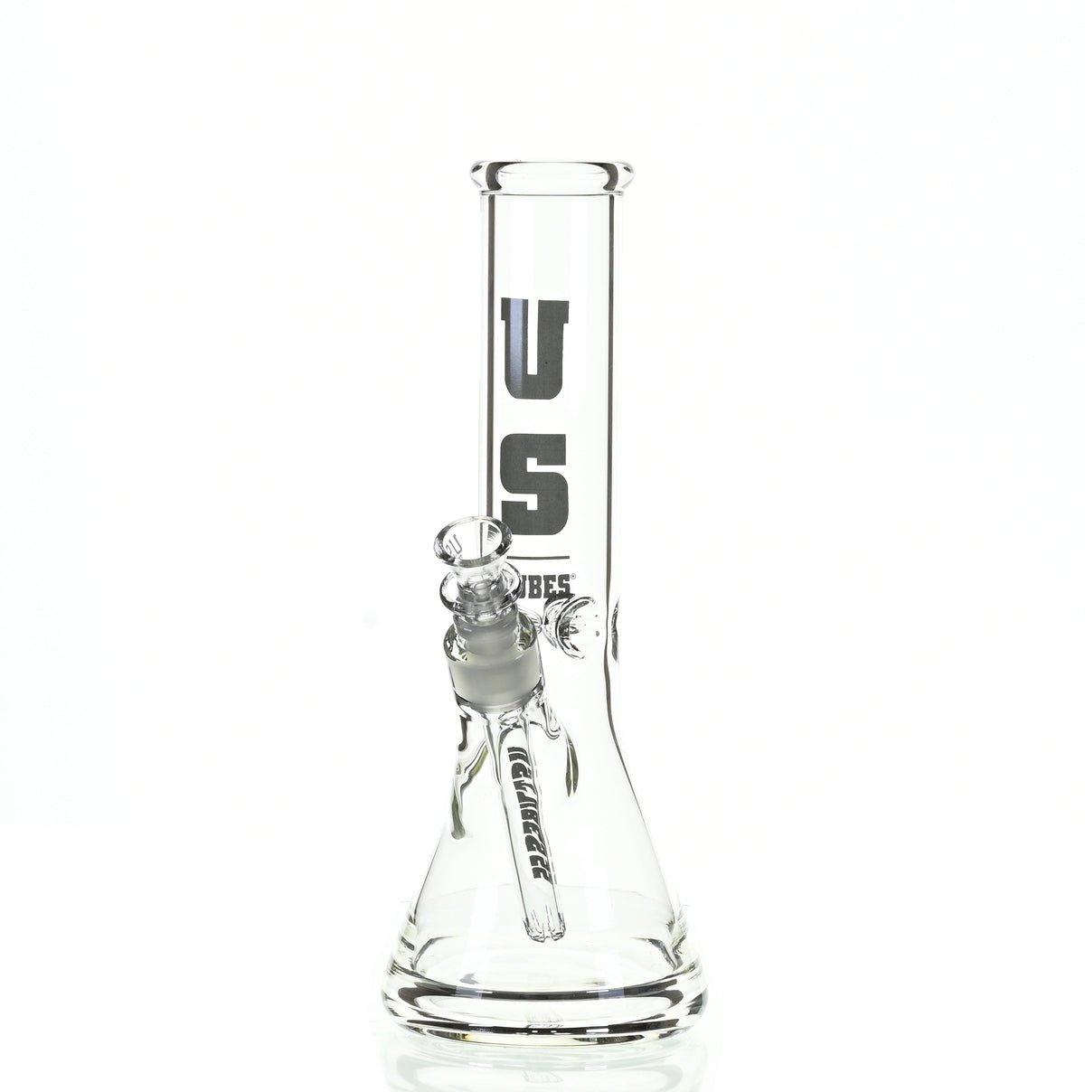 Side view of US TUBES 12 inch beaker waterpipe with black logo