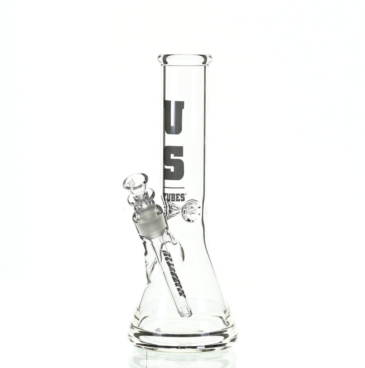 Close-up of US TUBES 12 inch beaker waterpipe black logo and joint