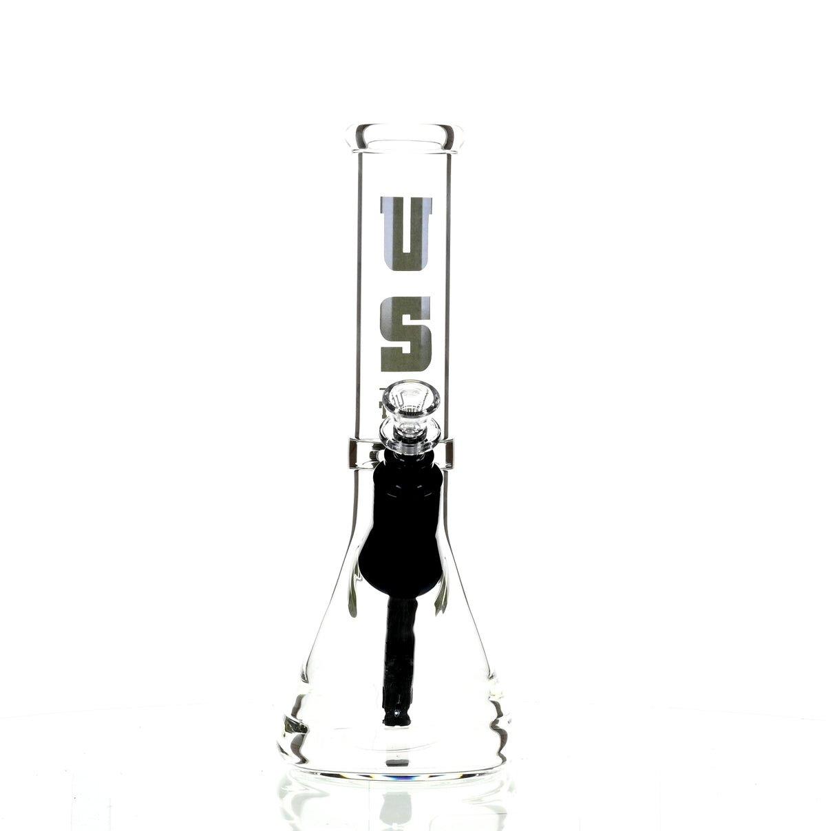 US Tubes 12 inch beaker waterpipe with black logo, 18mm joint and downstem - Smoke Spot Smoke Shop