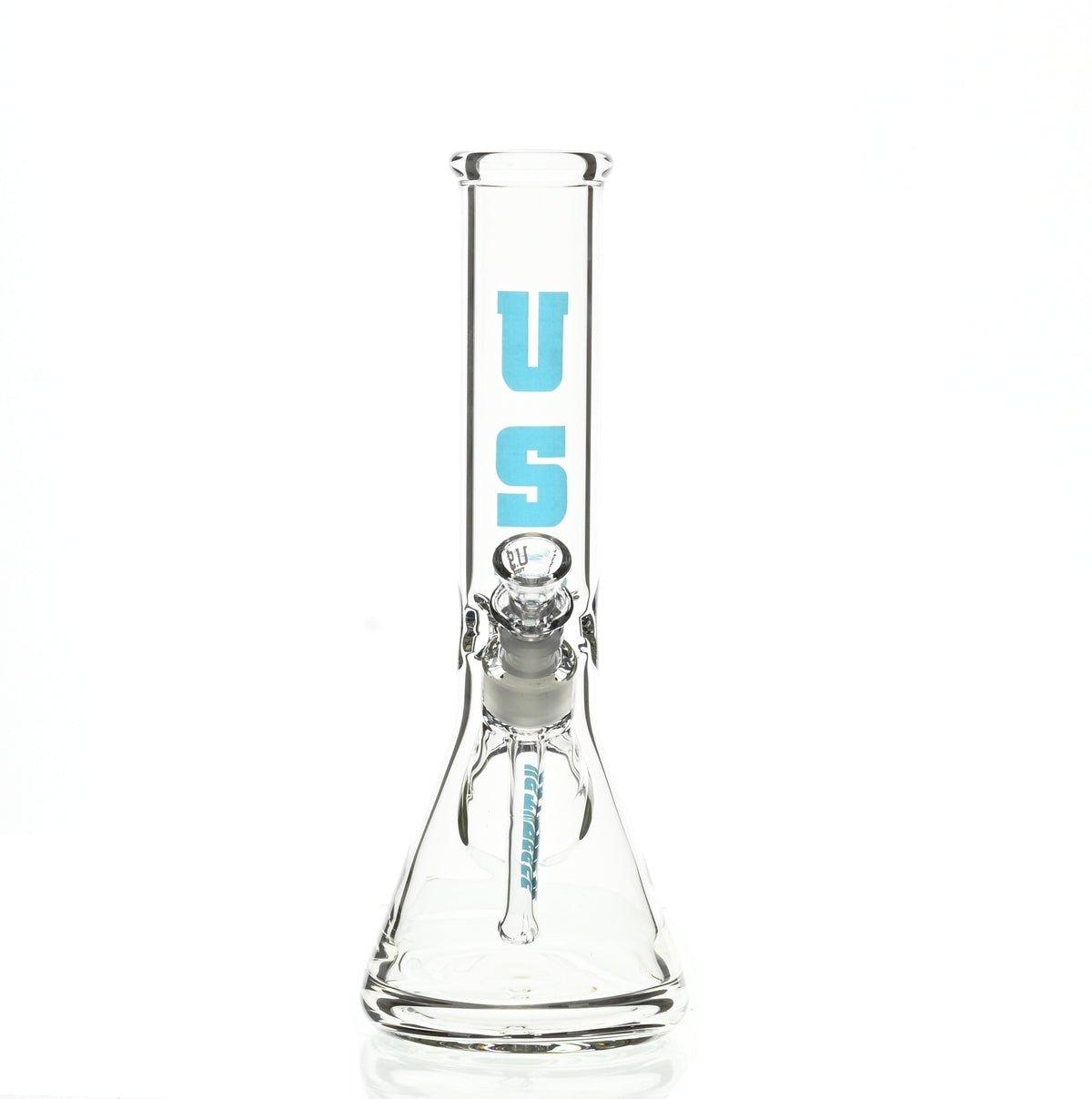 Side view of US TUBES 12 inch beaker waterpipe with blue logo