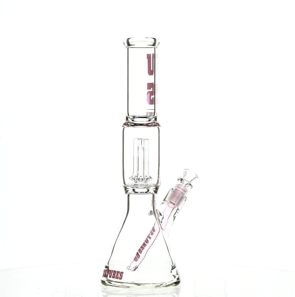 US TUBES 15" BEAKER W/SHOWERHEAD PERC AND PINK ACCENTS - SSSS