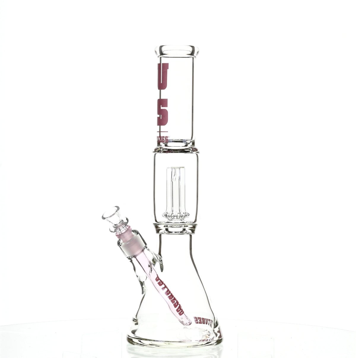 US TUBES 15" BEAKER W/SHOWERHEAD PERC AND PINK ACCENTS - SSSS