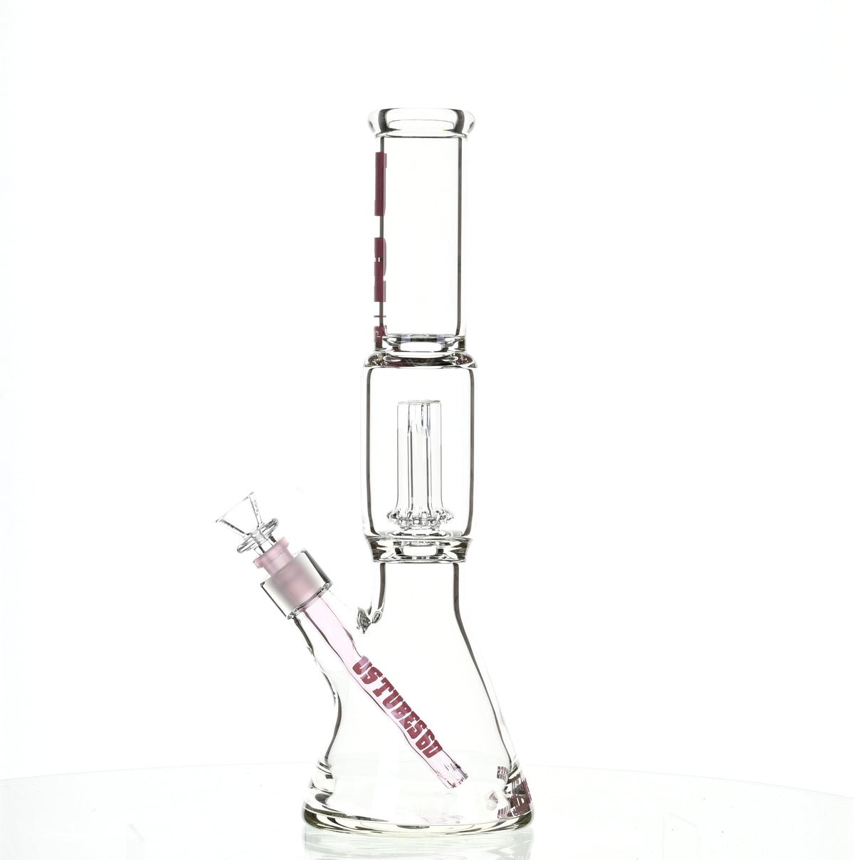 US TUBES 15" BEAKER W/SHOWERHEAD PERC AND PINK ACCENTS - SSSS