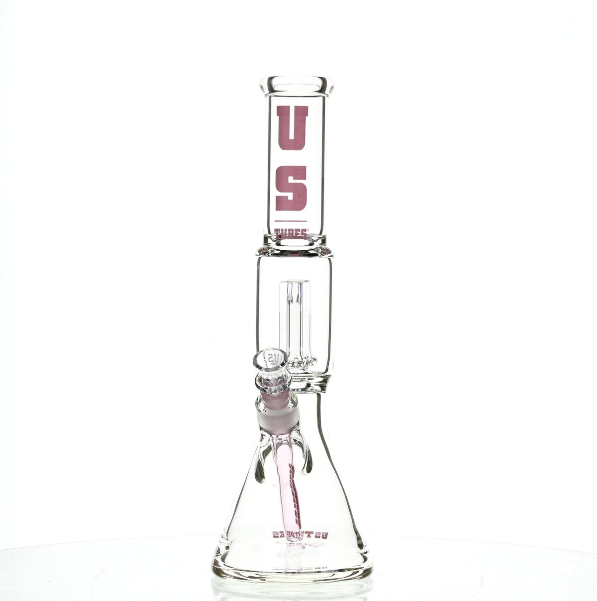 US TUBES 15" BEAKER W/SHOWERHEAD PERC AND PINK ACCENTS - SSSS