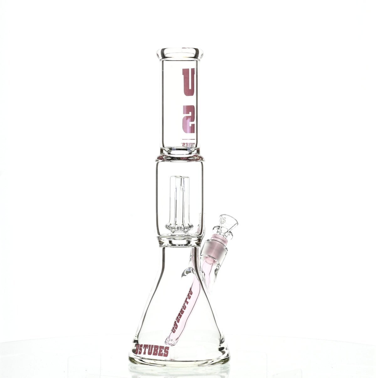 US TUBES 15" BEAKER W/SHOWERHEAD PERC AND PINK ACCENTS - SSSS