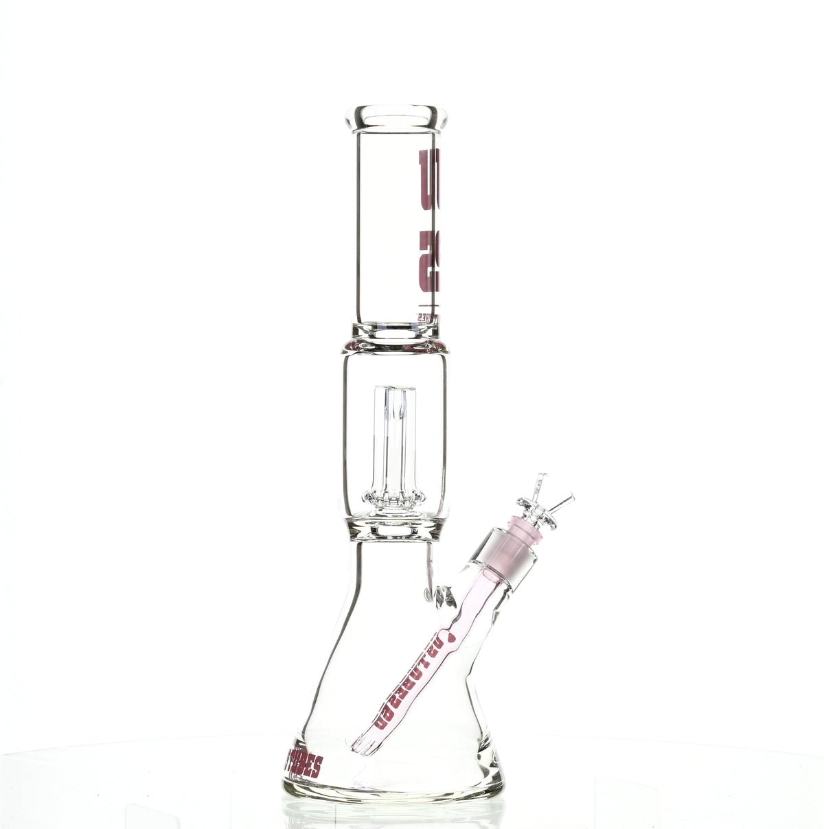 US TUBES 15" BEAKER W/SHOWERHEAD PERC AND PINK ACCENTS - SSSS