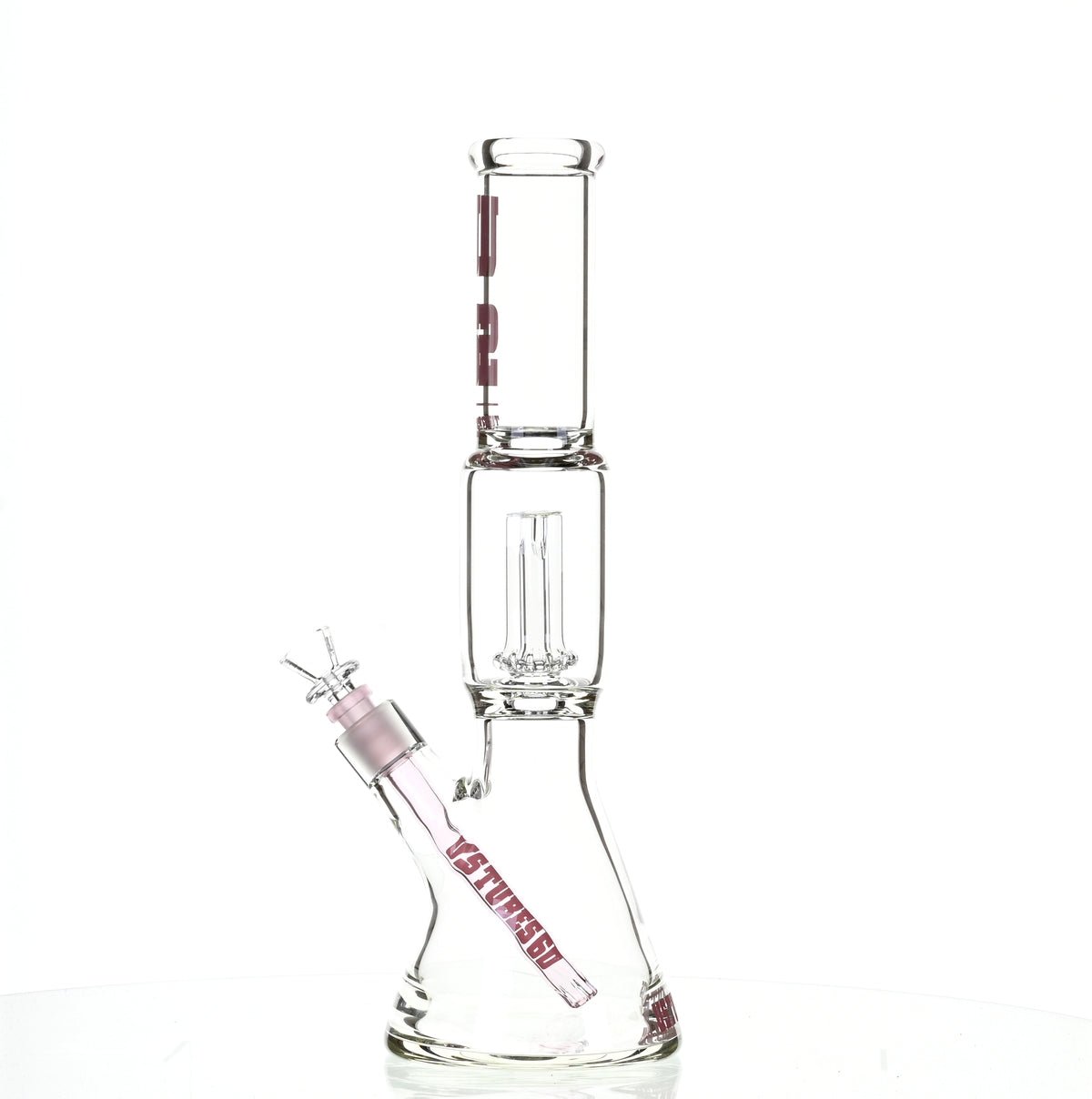 US TUBES 15" BEAKER W/SHOWERHEAD PERC AND PINK ACCENTS - SSSS