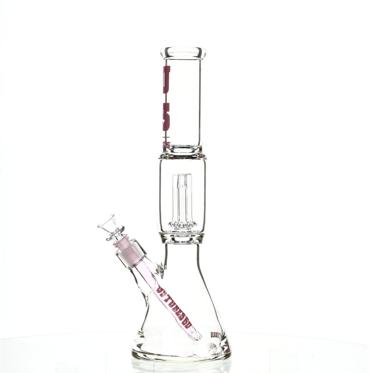 US TUBES 15" BEAKER W/SHOWERHEAD PERC AND PINK ACCENTS - SSSS