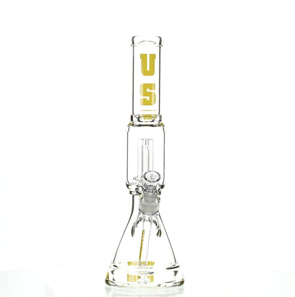 US TUBES 15 inch Beaker Waterpipe with Showerhead Perc and Yellow Accents - Premium Scientific Glass