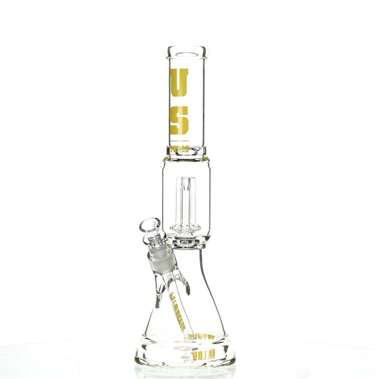 Close-up of Showerhead Perc on US TUBES 15 inch Beaker Waterpipe with Yellow Accents