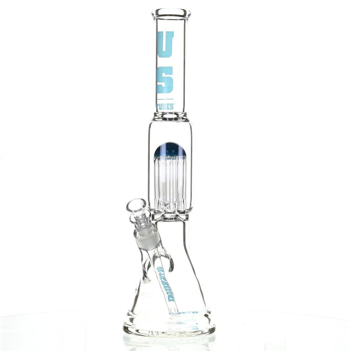 Side view of US TUBES 17 inch Beaker Waterpipe with Tree Perc and Blue Accents