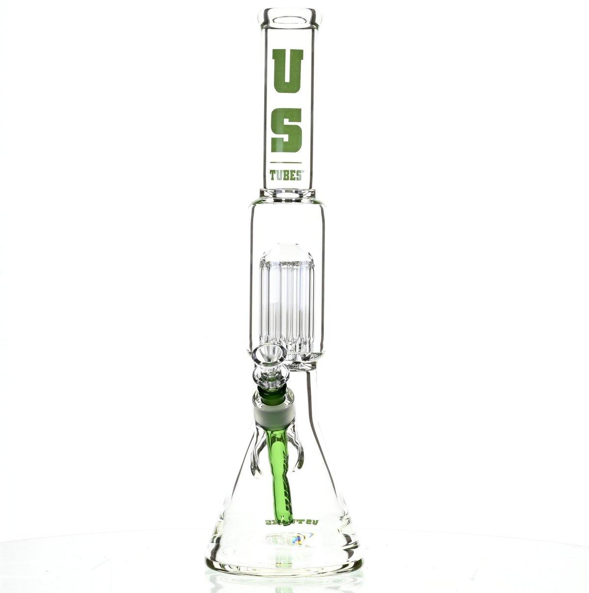 US TUBES 17" BEAKER W/TREE PERC AND GREEN ACCENTS - Smoke Spot Smoke Shop